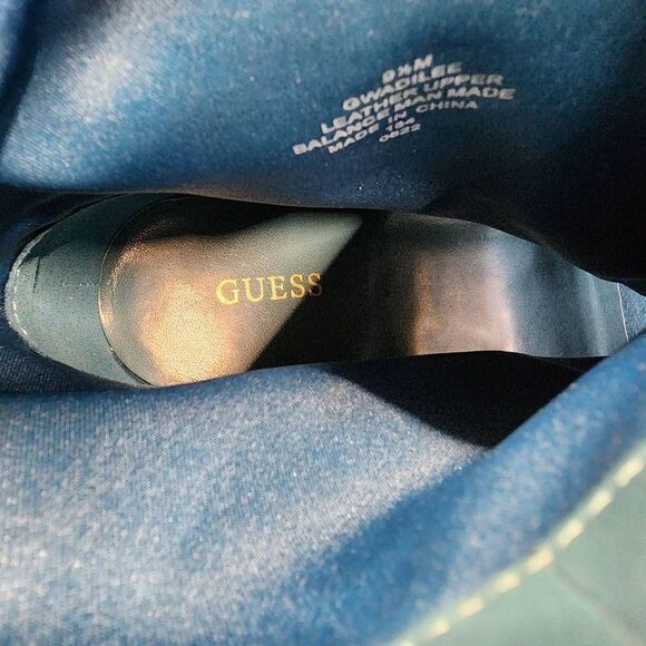 GUESS Adilee Teal Chain Pleated Peep Toe Stiletto Leather Booties Size 10 - Picture 7 of 10